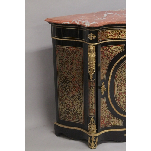 551 - A GOOD MARBLE TOP BOULLE SERPENTINE FRONTED CUPBOARD with large oval Boulle panel and gilt mounts. 4... 