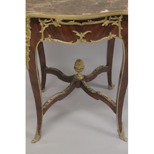 555 - A LOUIS XVITH STYLE INLAID SERPENTINE SHAPED SQUARE TABLE with marble top and ormolu mounts, on curv... 