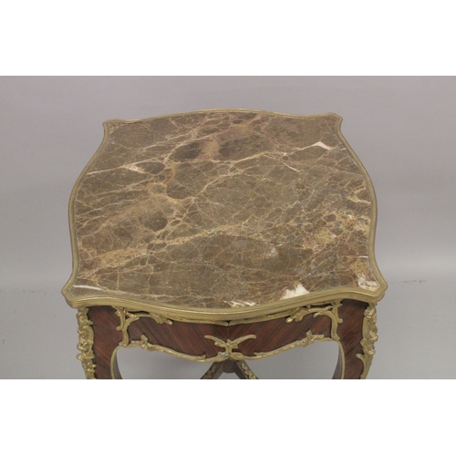 555 - A LOUIS XVITH STYLE INLAID SERPENTINE SHAPED SQUARE TABLE with marble top and ormolu mounts, on curv... 