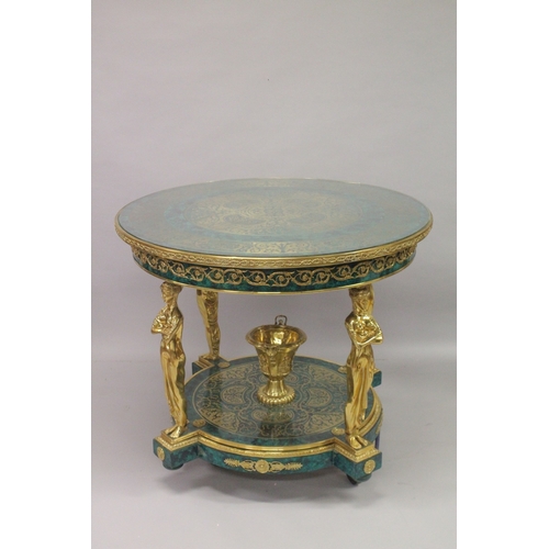 556 - A VERY GOOD LOUIS XVITH DESIGN BOULLE AND MALACHITE CIRCULAR CENTRAL TABLE with Boulle and malachite... 