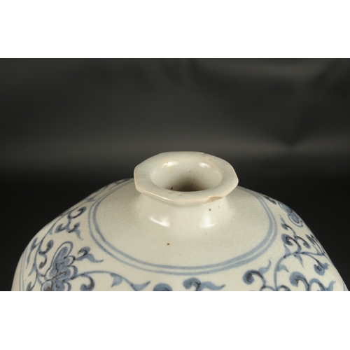 638 - A CHINESE OCTAGONAL BLUE AND WHITE PORCELAIN MEIPING VASE, with fish and algae. 29cms high.