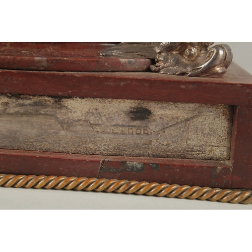 652 - A RARE 19TH CENTURY BRASS AND MARBLE INDUSTRIAL CLOCK as a cistern with 3.5cms dial, on a marble bas... 