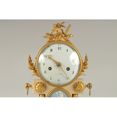 653 - A VERY GOOD LOUIS VI WHITE MARBLE AND ORMOLU CLOCK with 10cm enamelled dial, striking on a single be... 