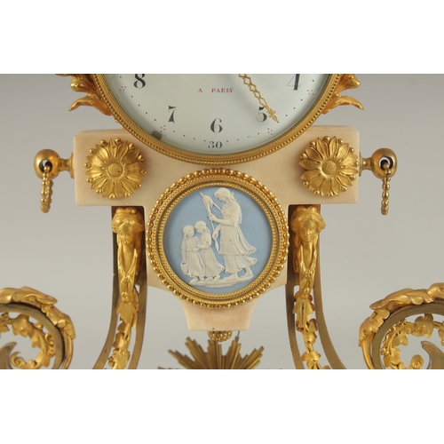 653 - A VERY GOOD LOUIS VI WHITE MARBLE AND ORMOLU CLOCK with 10cm enamelled dial, striking on a single be... 