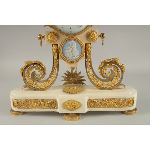 653 - A VERY GOOD LOUIS VI WHITE MARBLE AND ORMOLU CLOCK with 10cm enamelled dial, striking on a single be... 