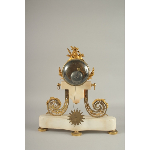 653 - A VERY GOOD LOUIS VI WHITE MARBLE AND ORMOLU CLOCK with 10cm enamelled dial, striking on a single be... 