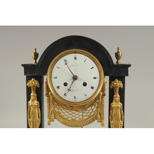 655 - A GOOD EARLY 19TH CENTURY BLACK MARBLE AND ORMOLU CLOCK with circular enamel dial, signed Frenier Ju... 