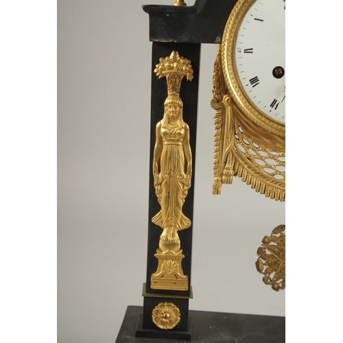 655 - A GOOD EARLY 19TH CENTURY BLACK MARBLE AND ORMOLU CLOCK with circular enamel dial, signed Frenier Ju... 