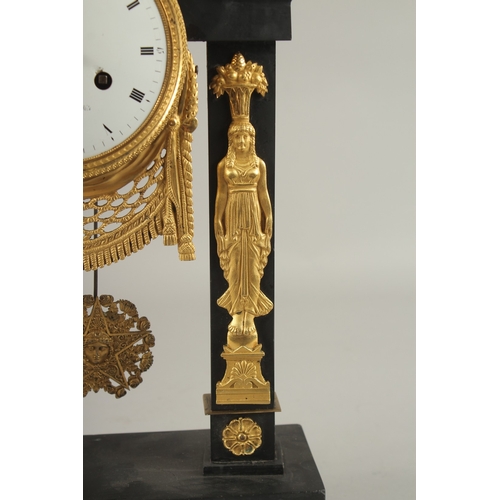 655 - A GOOD EARLY 19TH CENTURY BLACK MARBLE AND ORMOLU CLOCK with circular enamel dial, signed Frenier Ju... 