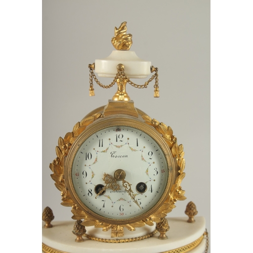 656 - A GOOD LOUIS XVI STYLE WHITE MARBLE DRUM CLOCK, TUSCAN BEURDON, striking on a single bell, the half ... 