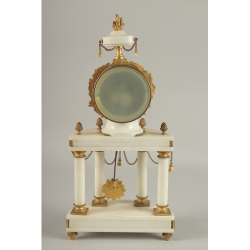 656 - A GOOD LOUIS XVI STYLE WHITE MARBLE DRUM CLOCK, TUSCAN BEURDON, striking on a single bell, the half ... 