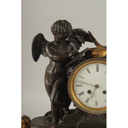 658 - A VERY GOOD FRENCH BRONZE, ORMOLU AND MARBLE CLOCK, with a cupid and globe of the world, with white ... 