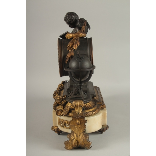 658 - A VERY GOOD FRENCH BRONZE, ORMOLU AND MARBLE CLOCK, with a cupid and globe of the world, with white ... 