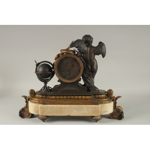 658 - A VERY GOOD FRENCH BRONZE, ORMOLU AND MARBLE CLOCK, with a cupid and globe of the world, with white ... 