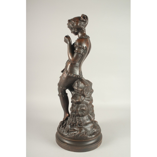 663 - GUSTAVE REY (19TH CENTURY) FRENCH A BRONZE OF A YOUNG LADY holding a shell and dressed in her underw... 