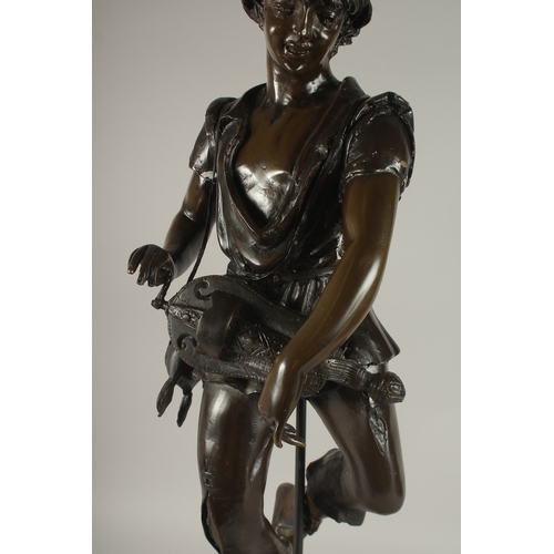 664 - JEAN DIDIER DEBUT (1824-1893) FRENCH A GOOD BRONZE FIGURE OF A YOUNG MAN, after ROBIN HOOD, standing... 