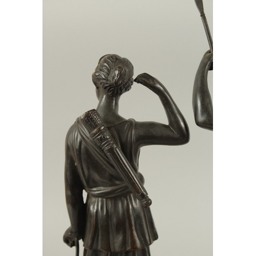 665 - GRAND TOUR BRONZES. A VERY GOOD PAIR OF CLASSICAL BRONZE FIGURES of a man carrying a staff and a you... 