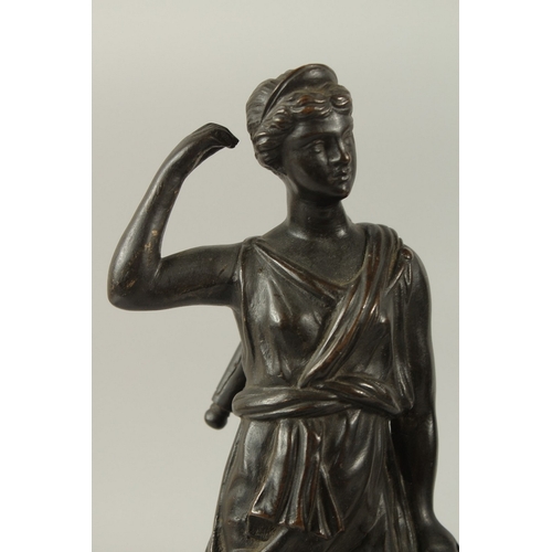 665 - GRAND TOUR BRONZES. A VERY GOOD PAIR OF CLASSICAL BRONZE FIGURES of a man carrying a staff and a you... 