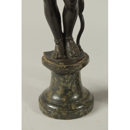 665 - GRAND TOUR BRONZES. A VERY GOOD PAIR OF CLASSICAL BRONZE FIGURES of a man carrying a staff and a you... 