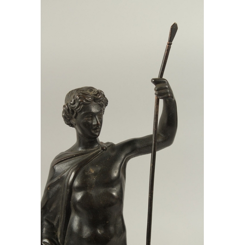 665 - GRAND TOUR BRONZES. A VERY GOOD PAIR OF CLASSICAL BRONZE FIGURES of a man carrying a staff and a you... 