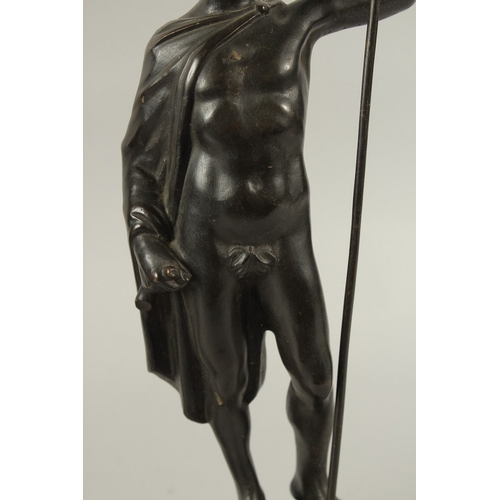 665 - GRAND TOUR BRONZES. A VERY GOOD PAIR OF CLASSICAL BRONZE FIGURES of a man carrying a staff and a you... 