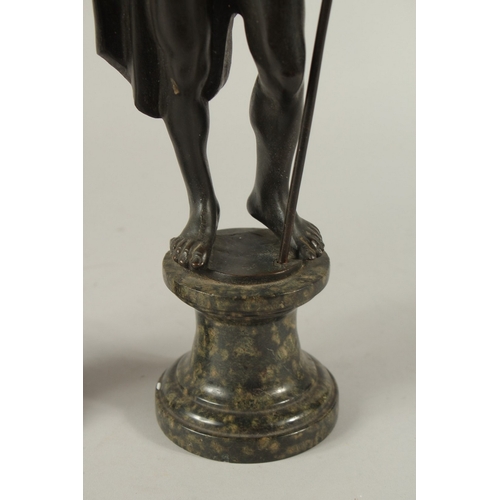 665 - GRAND TOUR BRONZES. A VERY GOOD PAIR OF CLASSICAL BRONZE FIGURES of a man carrying a staff and a you... 