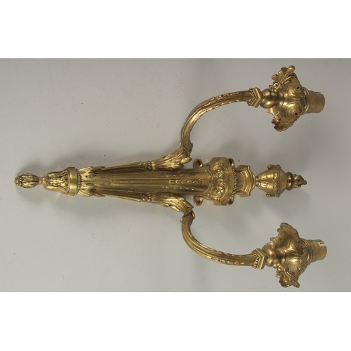 684 - A PAIR OF CLASSICAL GILT BRONZE TWIN-BRANCH WALL LIGHTS. 38cms high.