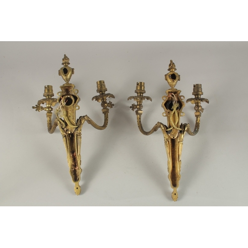 684 - A PAIR OF CLASSICAL GILT BRONZE TWIN-BRANCH WALL LIGHTS. 38cms high.