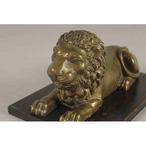 701 - A REGENCY BRONZE LION on a wooden base. 7cms long.