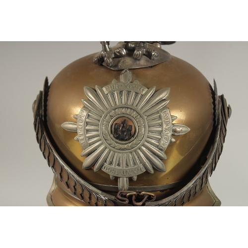 797 - A LARGE PRUSSIAN BRASS AND LEATHER GARDE DE CORPS HELMET, with a large eagle badge MIT. GOTT. FUR. K... 