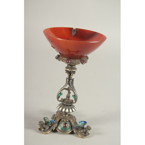 836 - A GOOD AGATE 19TH CENTURY SILVER and ENAMEL CUP 2.5ins.  Cup repaired on a very good quality stand b... 