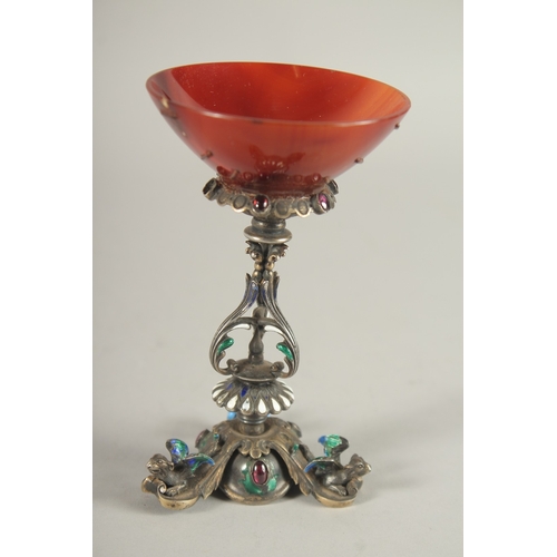 836 - A GOOD AGATE 19TH CENTURY SILVER and ENAMEL CUP 2.5ins.  Cup repaired on a very good quality stand b... 