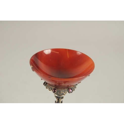 836 - A GOOD AGATE 19TH CENTURY SILVER and ENAMEL CUP 2.5ins.  Cup repaired on a very good quality stand b... 