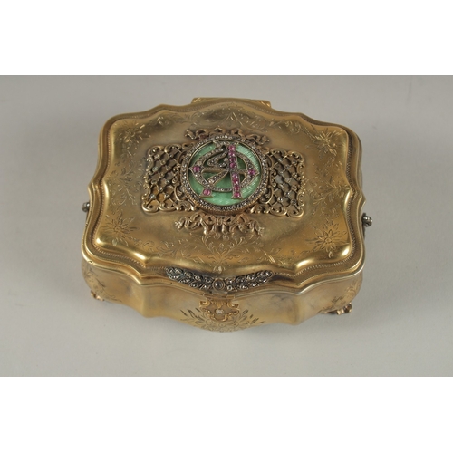 874 - A SUPERB RUSSIAN SILVER GILT AND DIAMOND SET CASKET. 4.5ins x 3.5ins. Marks Head 84. H. W. Faberge.... 