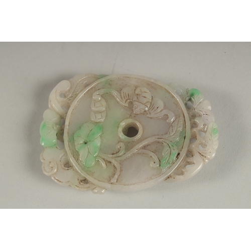 895 - A CHINESE PIERCED JADE CIRCULAR PENDANT. 3.5ins x 2.5ins.