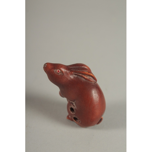 919 - A CARVED HARDWOOD RABBIT NETSUKE. Signed. 2cms.