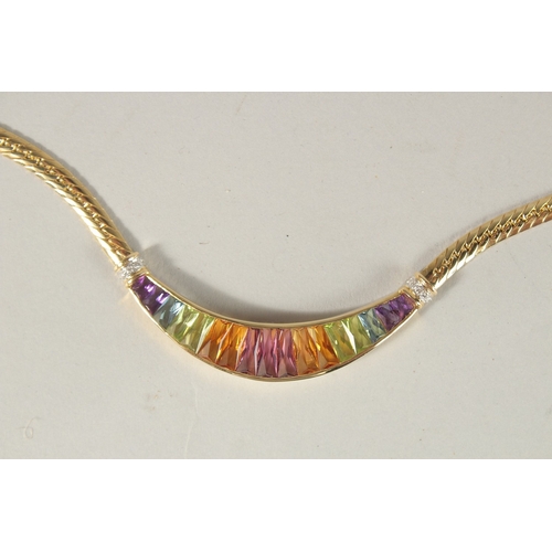 975 - A 14CT YELLOW GOLD MULTI-GEM AND DIAMOND SET NECKLACE.