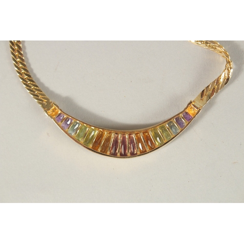 975 - A 14CT YELLOW GOLD MULTI-GEM AND DIAMOND SET NECKLACE.