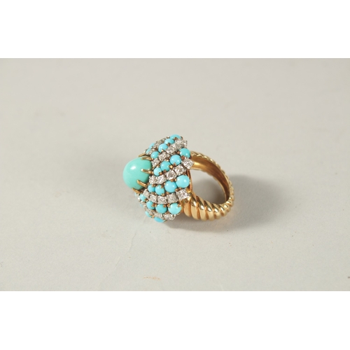 978 - AN 18CT YELLOW GOLD, TURQUOISE AND DIAMOND RING.