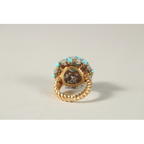 978 - AN 18CT YELLOW GOLD, TURQUOISE AND DIAMOND RING.