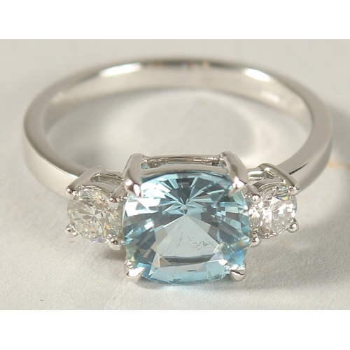 979 - A PLATINUM, AQUAMARINE AND DIAMOND RING, aquamarine 2ct, diamond 0.45ct.