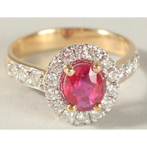 980 - AN 18CT YELLOW GOLD, RUBY AND DIAMOND OVAL CLUSTER RING, natural unheated ruby.