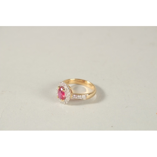 980 - AN 18CT YELLOW GOLD, RUBY AND DIAMOND OVAL CLUSTER RING, natural unheated ruby.