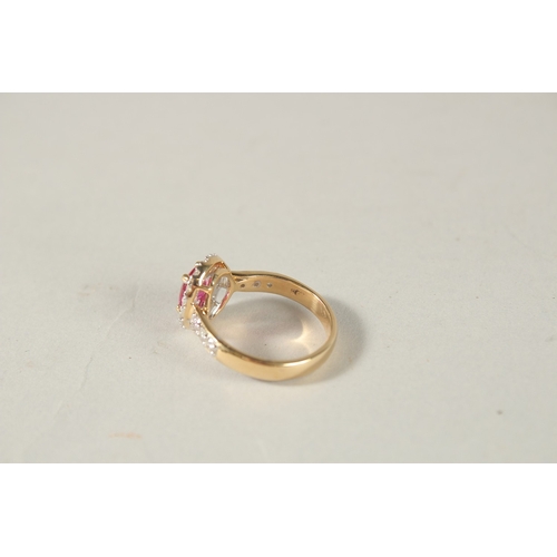 980 - AN 18CT YELLOW GOLD, RUBY AND DIAMOND OVAL CLUSTER RING, natural unheated ruby.