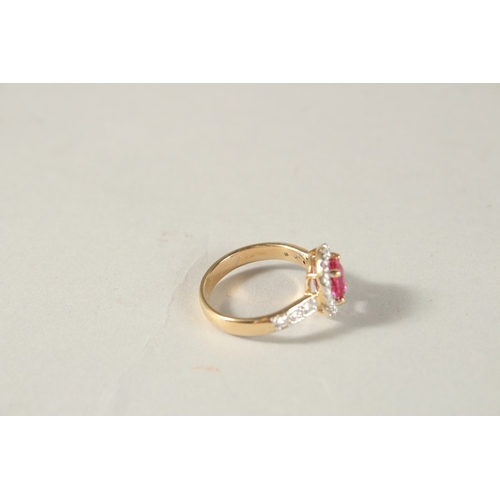 980 - AN 18CT YELLOW GOLD, RUBY AND DIAMOND OVAL CLUSTER RING, natural unheated ruby.