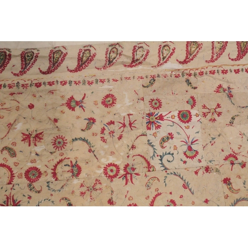 102 - A VERY FINE AND LARGE 17TH -18TH CENTURY MUGHAL INDIAN SILK EMBROIDERED FLOOR SPREAD TEXTILE.