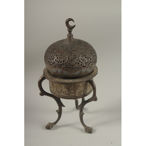 109 - A FINE 19TH CENTURY SYRIAN DAMASCUS SILVER INLAID BRASS INCENSE BURNER, 19cm high.