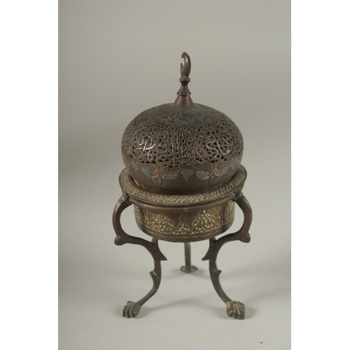 109 - A FINE 19TH CENTURY SYRIAN DAMASCUS SILVER INLAID BRASS INCENSE BURNER, 19cm high.