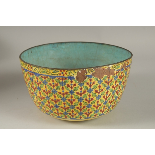 111 - A VERY FINE 19TH CENTURY THAI ENAMELLED COPPER BOWL, 21cm diameter.