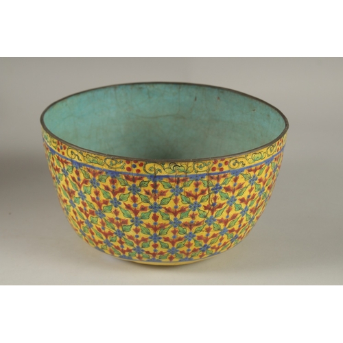 111 - A VERY FINE 19TH CENTURY THAI ENAMELLED COPPER BOWL, 21cm diameter.